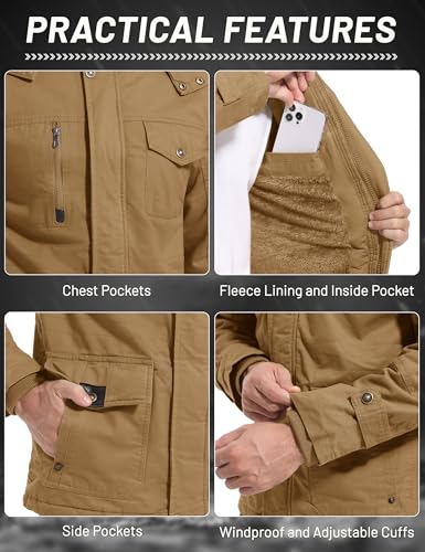 CRYSULLY Men's Winter Jacket Cotton Military Jackets Fleece Lined Thick Warm Cargo Coats Multi-Pocket Outwear with Hooded Khaki L - Image 5