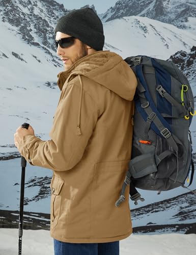 CRYSULLY Men's Winter Jacket Cotton Military Jackets Fleece Lined Thick Warm Cargo Coats Multi-Pocket Outwear with Hooded Khaki L - Image 3