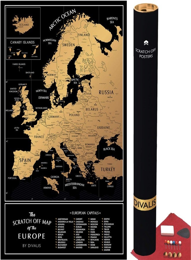 Divalis Scratch off Map of the Europe - Easy to Frame 24x16 European Travel Map Poster with Cities - Large Black and Gold Push Pin Travel Wall Maps - Scratchable Europe with Scratcher Included - Image 1