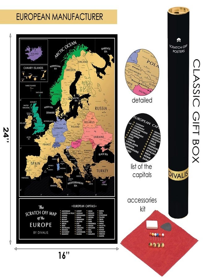 Divalis Scratch off Map of the Europe - Easy to Frame 24x16 European Travel Map Poster with Cities - Large Black and Gold Push Pin Travel Wall Maps - Scratchable Europe with Scratcher Included - Image 4