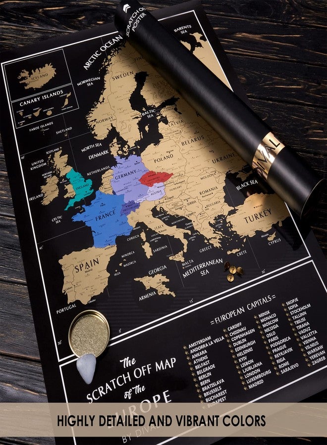 Divalis Scratch off Map of the Europe - Easy to Frame 24x16 European Travel Map Poster with Cities - Large Black and Gold Push Pin Travel Wall Maps - Scratchable Europe with Scratcher Included - Image 5