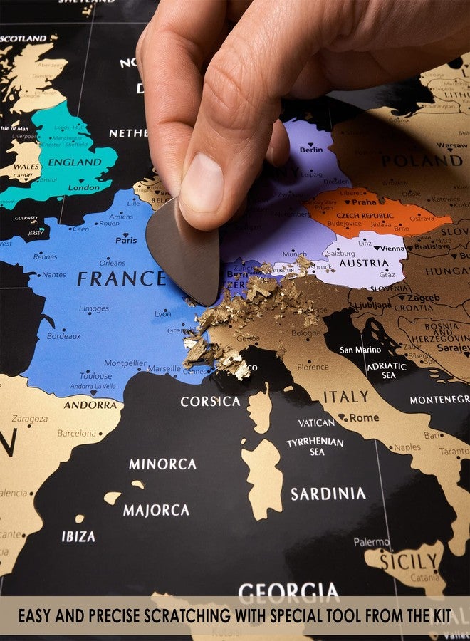 Divalis Scratch off Map of the Europe - Easy to Frame 24x16 European Travel Map Poster with Cities - Large Black and Gold Push Pin Travel Wall Maps - Scratchable Europe with Scratcher Included - Image 3