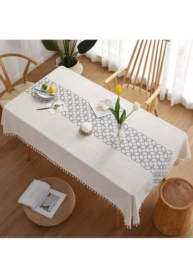 ASIV Lace Tassel Detail Tablecloth White/Navy 100x160cm - Image 1