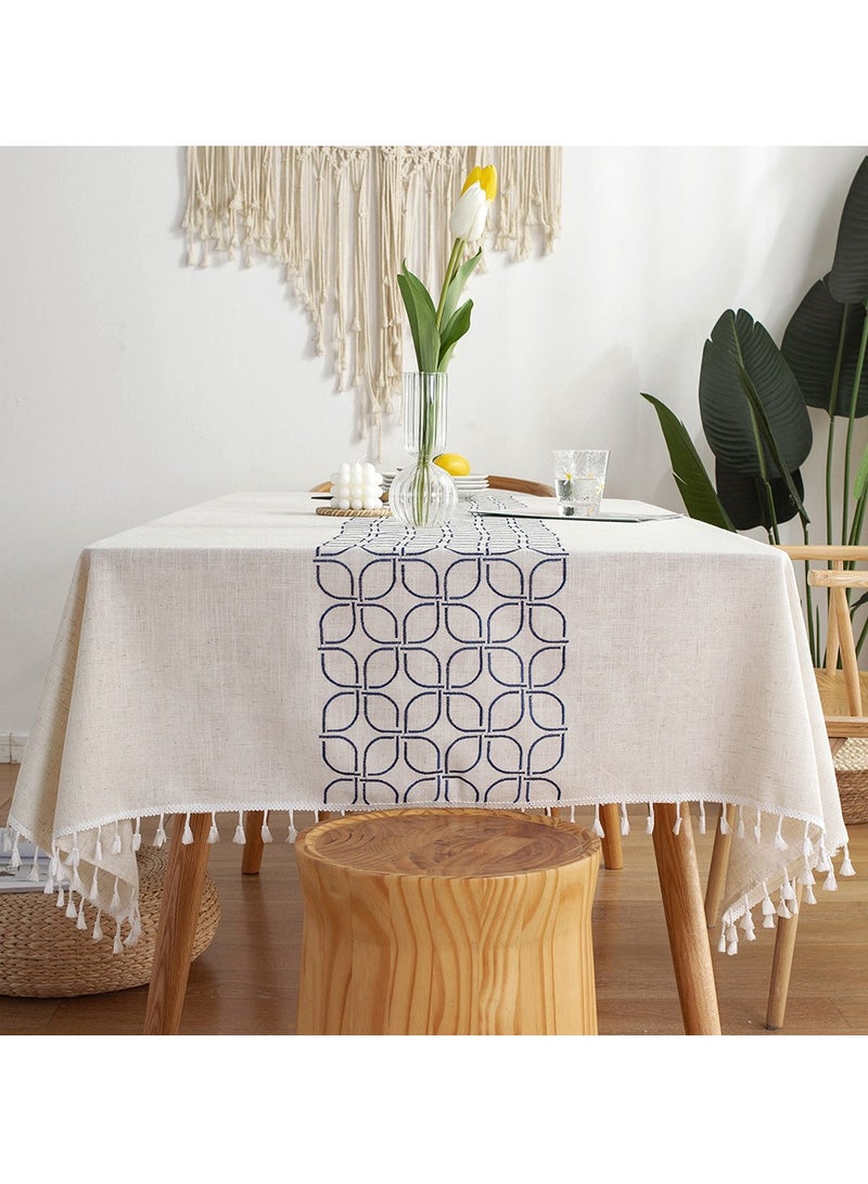 ASIV Lace Tassel Detail Tablecloth White/Navy 100x160cm - Image 2
