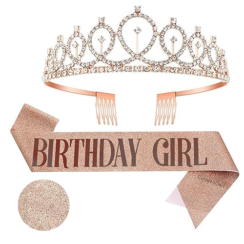 Curated Cart Crystal Crown for Women and Girls - Elegant Rose Gold Glitter Birthday Girl Sash Set with Sparkling Tiara, Perfect for Birthday Parties, Bridal Showers, and Special Occasions - Image 1