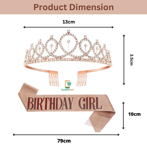 Curated Cart Crystal Crown for Women and Girls - Elegant Rose Gold Glitter Birthday Girl Sash Set with Sparkling Tiara, Perfect for Birthday Parties, Bridal Showers, and Special Occasions - Image 2