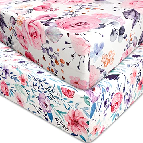 Pea Pod Floral Crib Sheets for Baby Girls 2 Pack, Fits Standard Nursery Crib Mattress & Toddler Bed Mattress 28x 52, Soft Stretchy Snug Neutral Baby Crib Fitted Sheets - Image 1