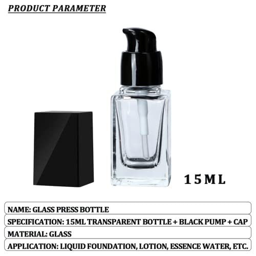 Quupy 2Pcs 15ml/0.5oz Empty Clear Square Glass Emulsion Essence Bottle With Black Pump Head Cosmetic Foundation Travel Vials Containers Holder For Lotion Cleanser Essential Oils Liquids Body Cream - Image 3