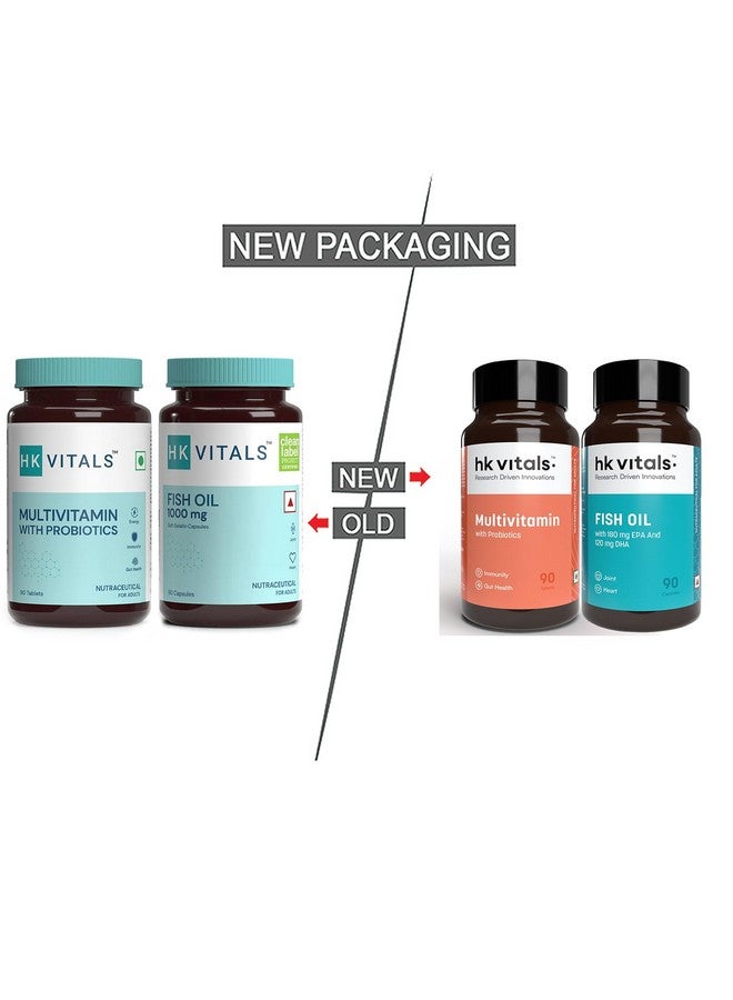 HealthKart hk vitals زيت السمك ومكملات الفيتامينات مع البروبيوتيك (90 قرص لكل منهما) حزمة كومبو | 1000 ملغ أوميغا 3 مع 180 ملغ EPA و 120 ملغ DHA | يعزز الطاقة والمناعة وصحة المفاصل - Image 2