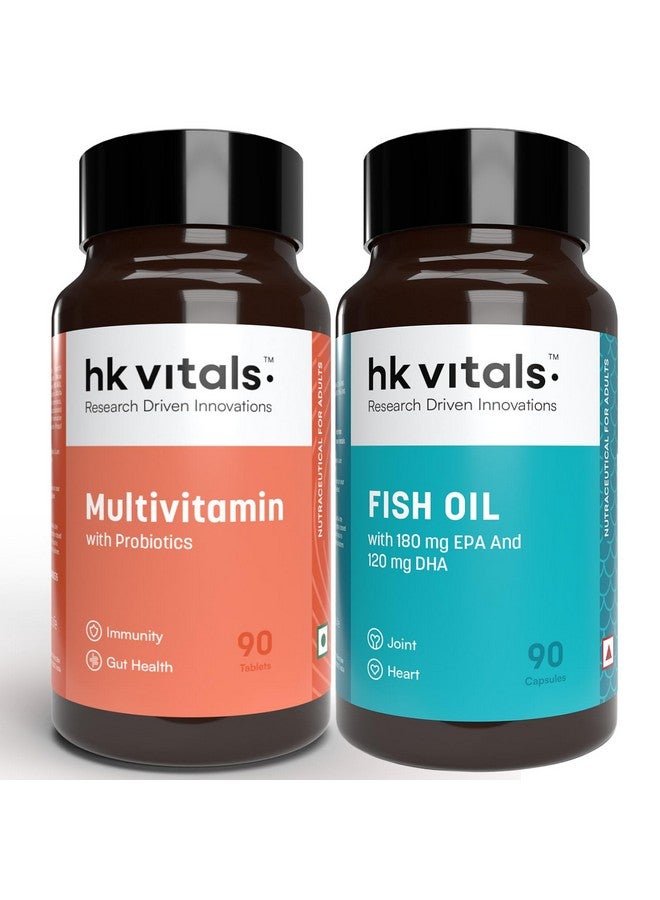 HealthKart hk vitals زيت السمك ومكملات الفيتامينات مع البروبيوتيك (90 قرص لكل منهما) حزمة كومبو | 1000 ملغ أوميغا 3 مع 180 ملغ EPA و 120 ملغ DHA | يعزز الطاقة والمناعة وصحة المفاصل - Image 1