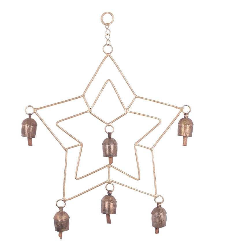 Ethnics of Kutch Ethnics of Kutch Hand Made Metal Bells Wrought Iron CopperZinc Coated Home Dcor Chimes Cow Bell Double Star 6 Bells 38 cms Length Colour Copper BEL0036 - Image 1
