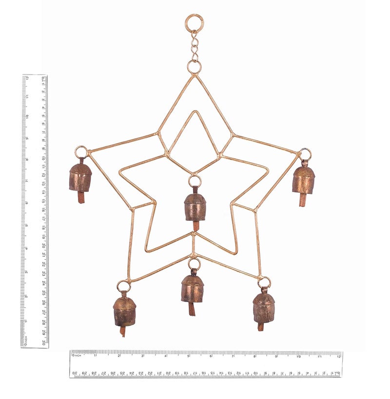 Ethnics of Kutch Ethnics of Kutch Hand Made Metal Bells Wrought Iron CopperZinc Coated Home Dcor Chimes Cow Bell Double Star 6 Bells 38 cms Length Colour Copper BEL0036 - Image 2