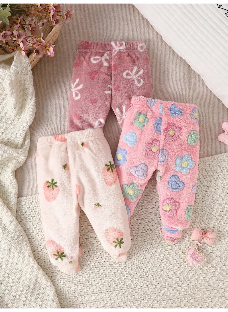 Winter leggings for babies, set of 3 pairs featuring cute and warm designs. Made from soft, fluffy, and cozy fabric that is gentle on the baby’s skin, with a comfortable elastic waistband for easy wear. These winter baby leggings provide warmth and comfort during colder weather and are suitable for babies aged 9–12 months. - Image 2