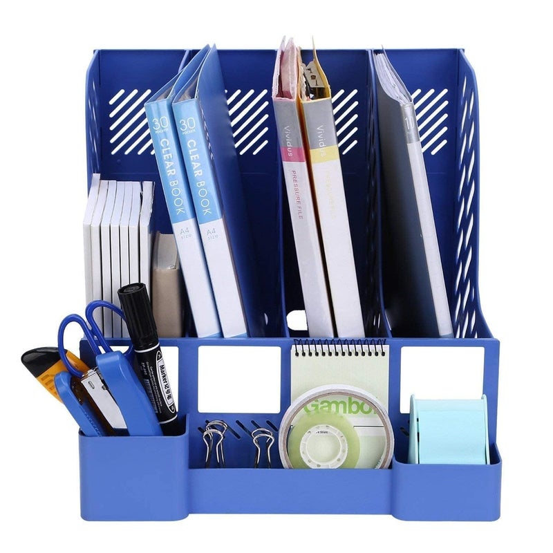 DIVHUK Desktop Bookshelf Magazine Organizer 4 Compartment Plastic Frames File Holder Dividers Document Cabinet Rack Storage Box for Office Home School (Blue- With Pen Stand) - Image 2