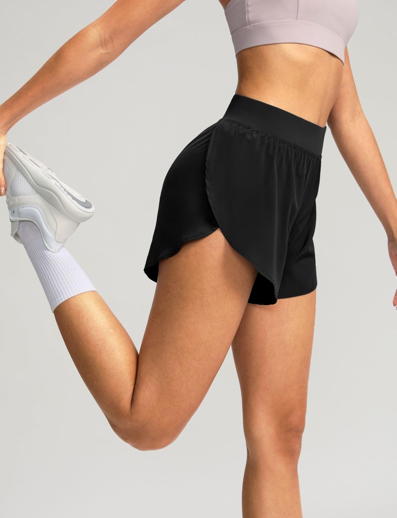 Soothfeel High Waisted Athletic Running Shorts for Women Dolphin Shorts High Split Quick Dry Gym Workout Shorts with Liner (Black, L) - Image 2
