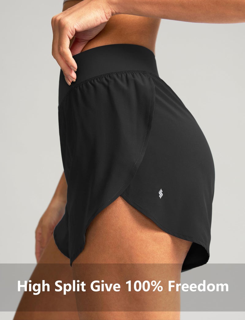 Soothfeel High Waisted Athletic Running Shorts for Women Dolphin Shorts High Split Quick Dry Gym Workout Shorts with Liner (Black, L) - Image 5