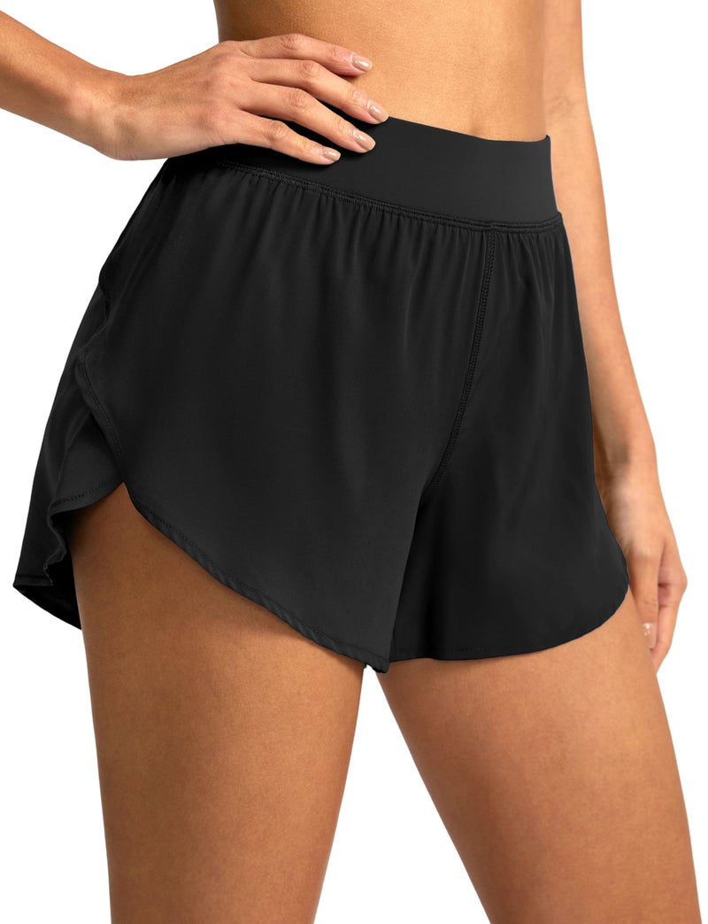 Soothfeel High Waisted Athletic Running Shorts for Women Dolphin Shorts High Split Quick Dry Gym Workout Shorts with Liner (Black, L) - Image 1