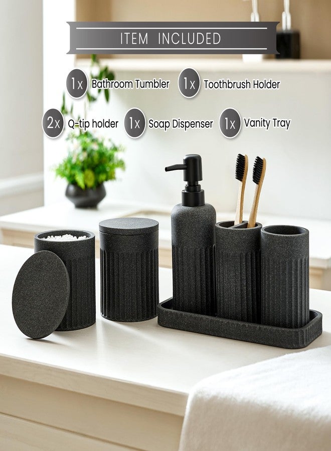 INIUNIK Bathroom Accessory Set - 6 Pieces Bathroom Accessories Set Complete with Soap Dispenser, Toothbrush Holder, Tumbler, Vanity Tray and 2 Qtip Holder for Home Organizer and Decor, Dark Grey - Image 2