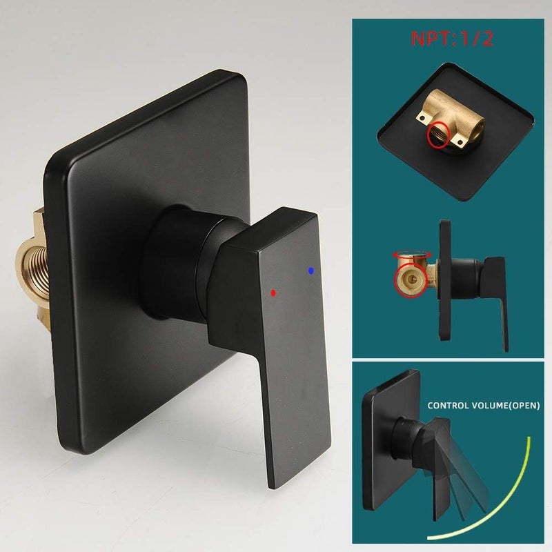 Heable Matte Black Shower Faucet Set, Single Function Shower Trim Kit with Rough-in Valve, Square Rain Shower Head System Included Extra Long Shower Arm for Bathroom - Image 5