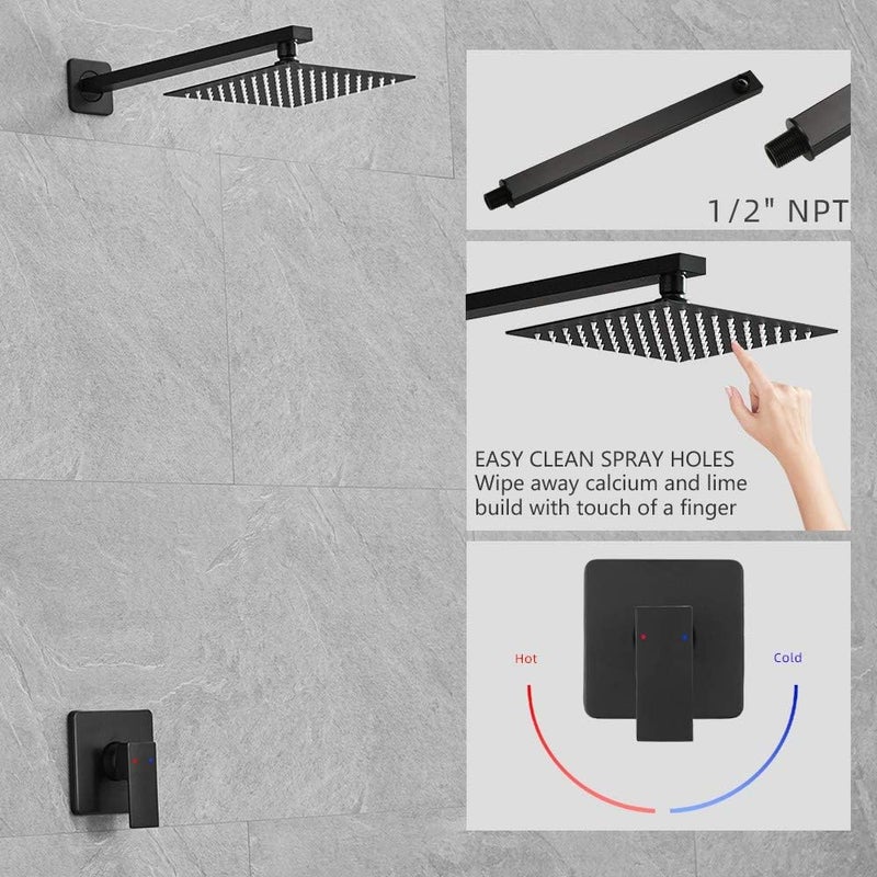 Heable Matte Black Shower Faucet Set, Single Function Shower Trim Kit with Rough-in Valve, Square Rain Shower Head System Included Extra Long Shower Arm for Bathroom - Image 2