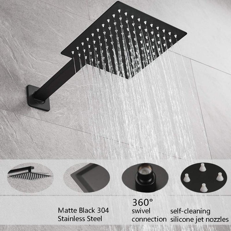 Heable Matte Black Shower Faucet Set, Single Function Shower Trim Kit with Rough-in Valve, Square Rain Shower Head System Included Extra Long Shower Arm for Bathroom - Image 4