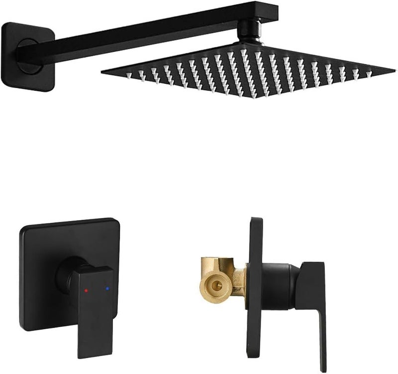 Heable Matte Black Shower Faucet Set, Single Function Shower Trim Kit with Rough-in Valve, Square Rain Shower Head System Included Extra Long Shower Arm for Bathroom - Image 1