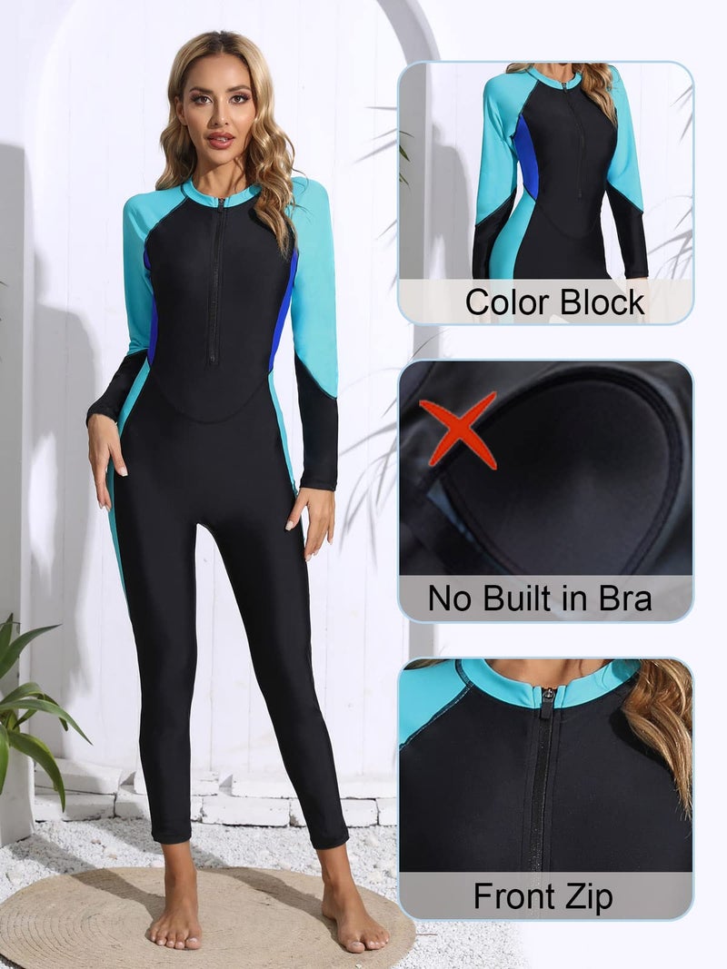 Halcurt Full Body Rash Guard Women Quick Dry 1 PC Front Zipper Winter Swimsuit Blue Black M - Image 4