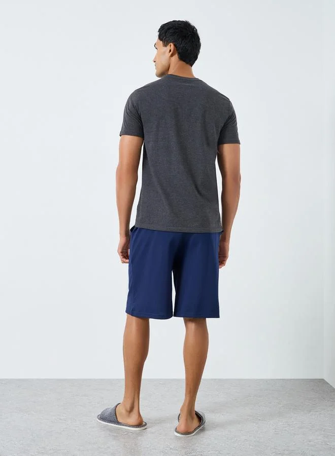 Styli  Men Grey Printed T-Shirt and Shorts Pyjama Set for Men | Best Price UAE