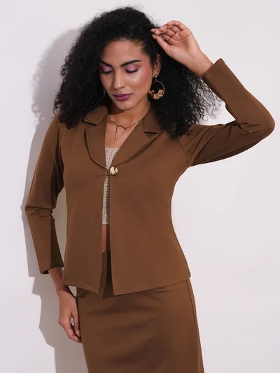globus Women Notch Lapel Long Sleeves Stretchable Straight Hem Open Front Workwear Blazer Jacket
