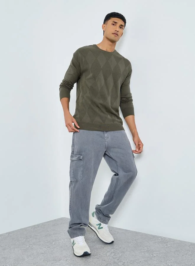 ستايلي سويتر محبوك بنقشة الماس بلون زيتوني