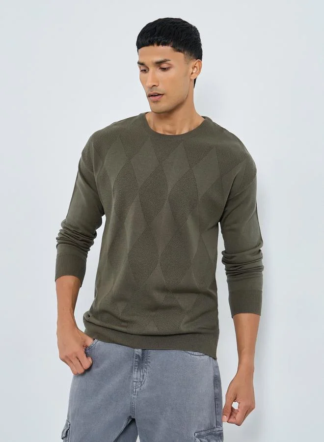 ستايلي سويتر محبوك بنقشة الماس بلون زيتوني