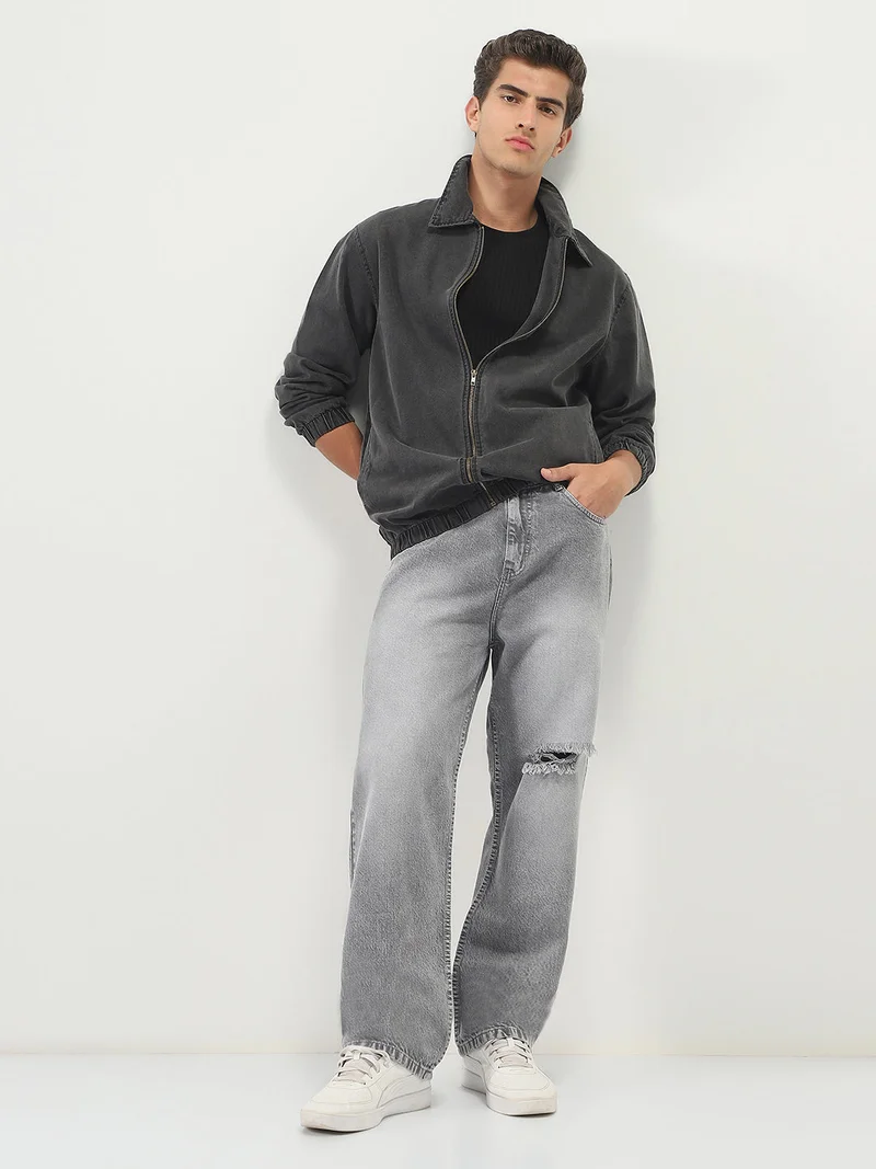 Urbano Fashion  Urbano Fashion Men's Grey Relaxed Fit Full Sleeve Harrington Denim Jacket  | Best Price UAE