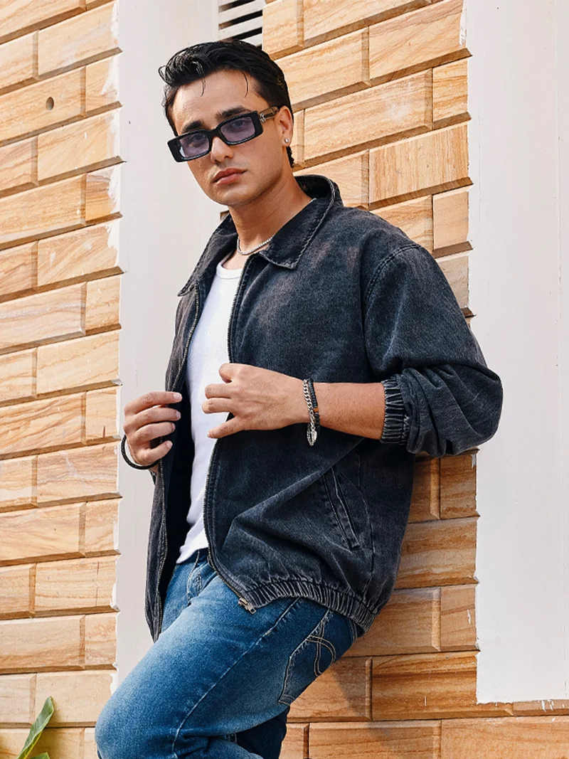 Urbano Fashion Men's Grey Relaxed Fit Full Sleeve Harrington Denim Jacket