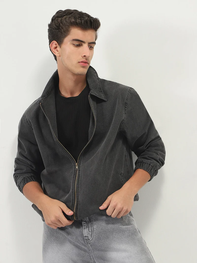 Urbano Fashion  Urbano Fashion Men's Grey Relaxed Fit Full Sleeve Harrington Denim Jacket  | Best Price UAE