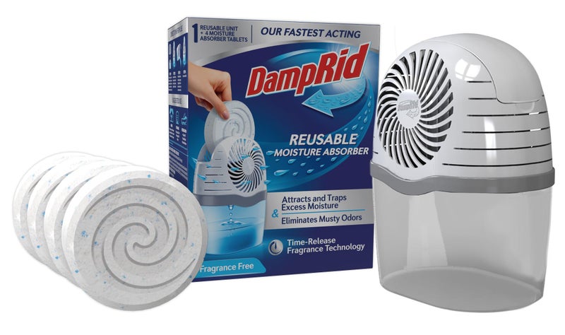DampRid Reusable Moisture Absorber with 4 Drop-In Tablets, Fragrance Free, 15.8 oz., Attract and Trap Excess Moisture & Eliminate Musty Odors for Cleaner, Fresher Air - Image 1