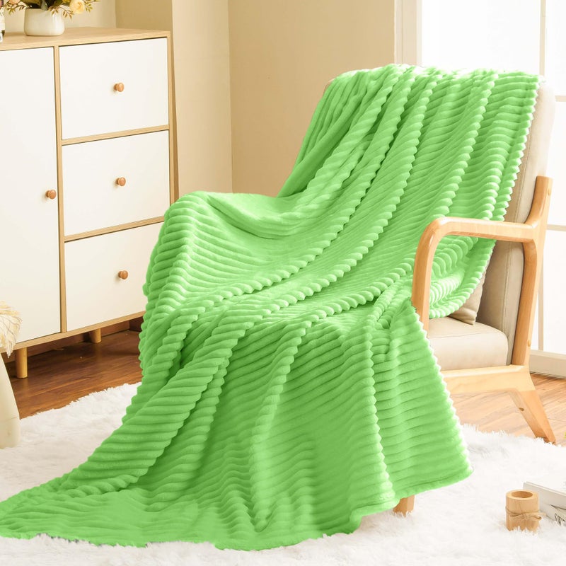 Vessia Flannel Fleece Throw Blanket for Couch  Sofa  Bed  300GSM Microfiber Light Green Striped Chair Blanket  Super Soft Warm Cozy Lightweight Ribbed Throw for All-Season - Image 1