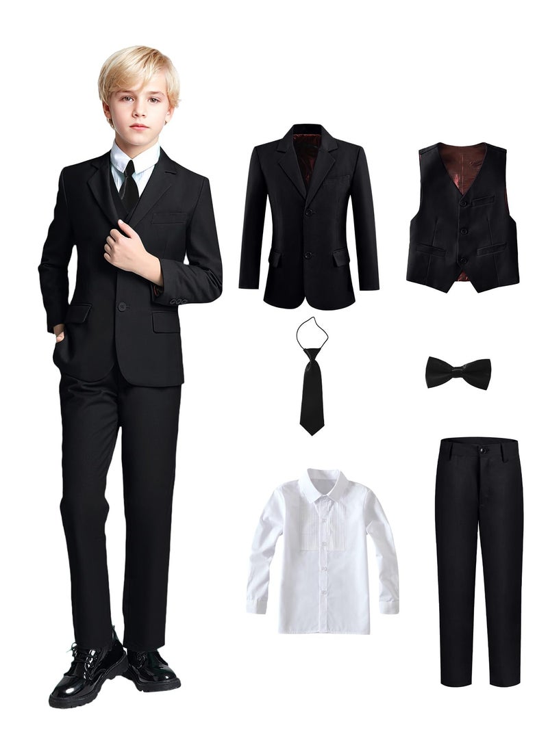Yanlu Toddler Boys Suits Size 2T Boy Slim Fit Tuxedo Suit Formal Wedding Outfit Blazer Pants Vest Shirt Necktie and Bow Tie 6 Piece Black Kids Suit - Image 1