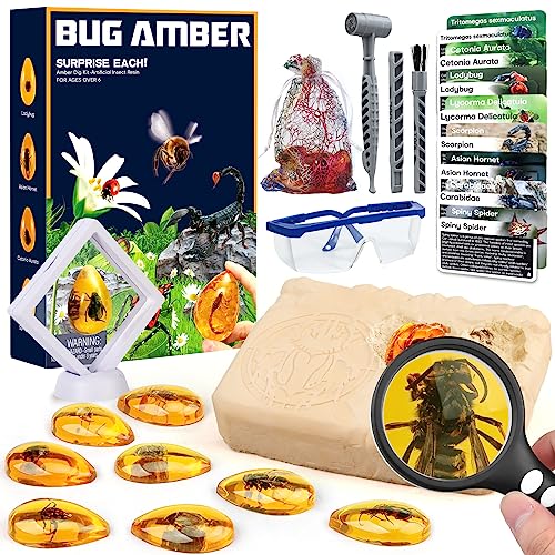 Woumserta Amber Dig Kit - Insects in Resin, 8 Insects Specimens Excavation Kit, Gemstone Bugs for Kids, Fossil Bug Toys Dig Kits for Bugs Collection, Insect Toys for Boys Girls 6 and up Year Old Birthday Gifts - Image 1
