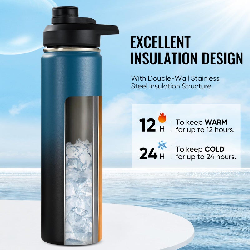 Fijinhom 24 oz Insulated Water Bottle with Handle, 304 Stainless Steel Water Bottles with Wide Mouth, Double Wall Vacuum Sports Water Bottle, BPA Free, Keep Cold and Hot, Blue&Black - Image 2