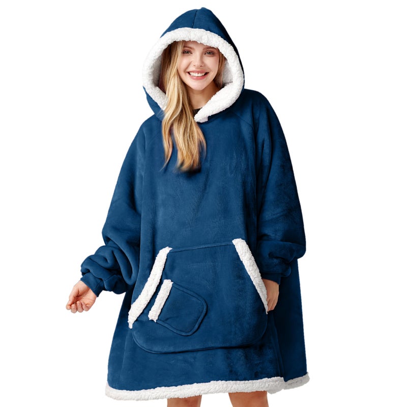 Giggling Getup Wearable Blanket Hoodie for Women and Men Gifts for Women Mom Wife Sherpa Fleece Hooded Blanket Sweatshirt Warm Cozy Sherpa Wearable Throw with Pocket Sleeves for Adult Standard Navy