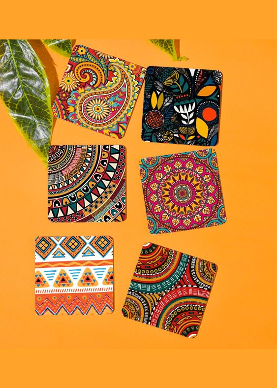 TAJNAN Printed Coasters Set of 6 Square Drink Coasters Colorful Mandala Design Table Protection for Home and Dining - Image 1
