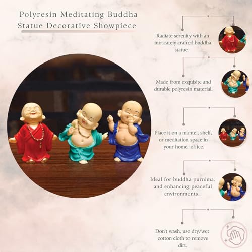 Karigaari India Handcrafted Resin Little Dancing Buddha Showpiece Set of 3 Turquoise Blue Decorative Idol for Home Decor Spiritual Statue for Living Room Office Table Gift Feng Shui Peace Figurine - Image 5