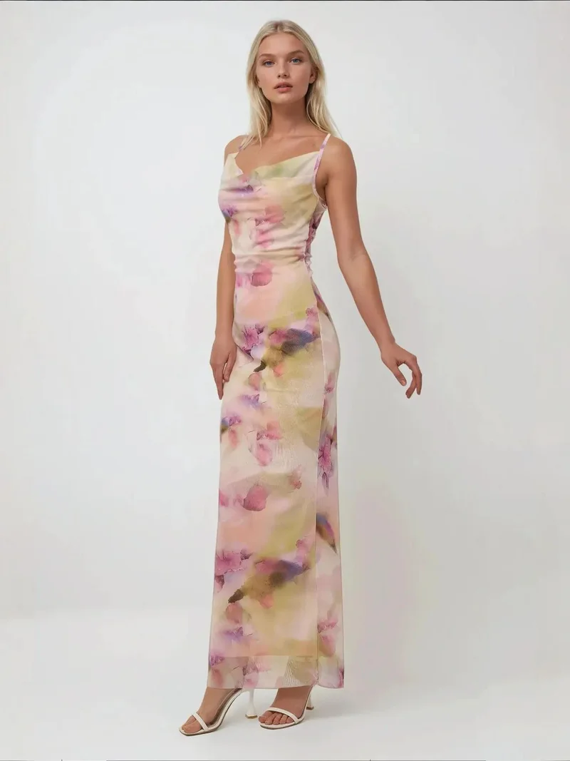 HICCUP Multicolor Printed Bodycon Maxi Tulle Dress for Women | Best Price UAE