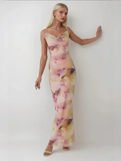 HICCUP Printed Bodycon Maxi Tulle Dress