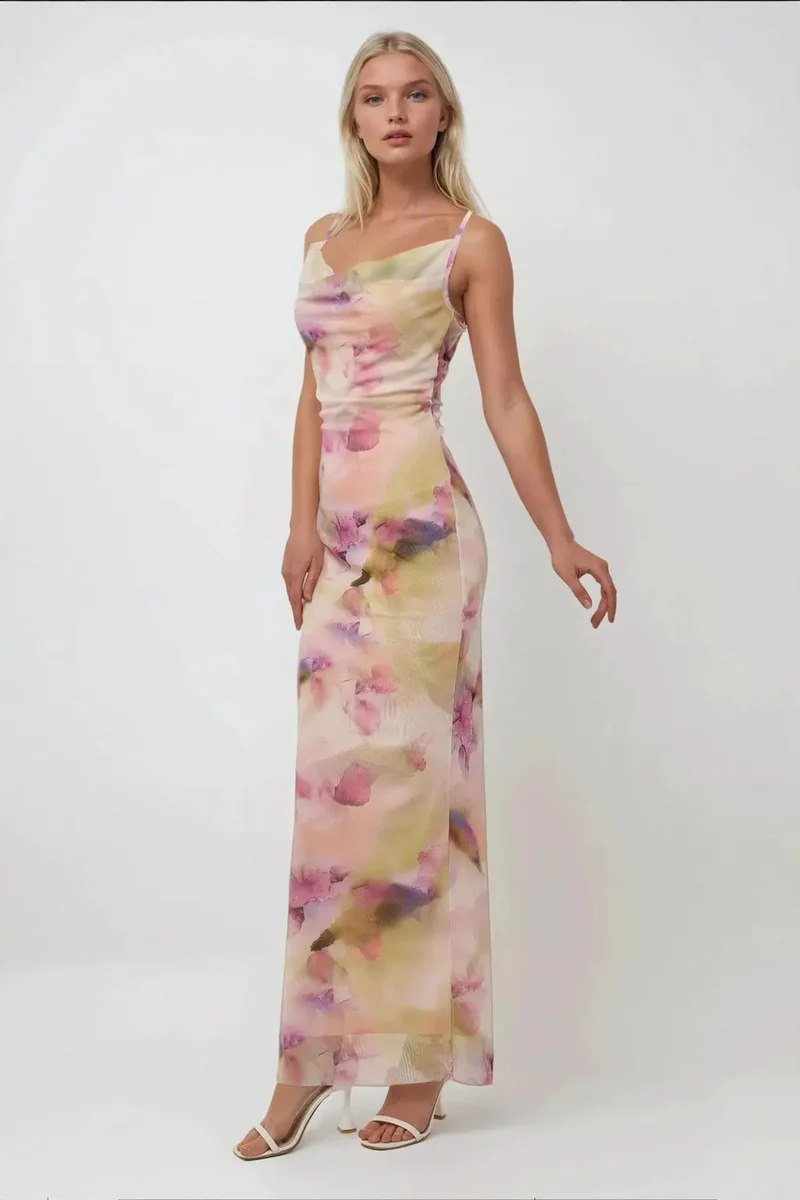 Hiccup Multicolor Printed Bodycon Maxi Tulle Dress for Women | Best Price UAE