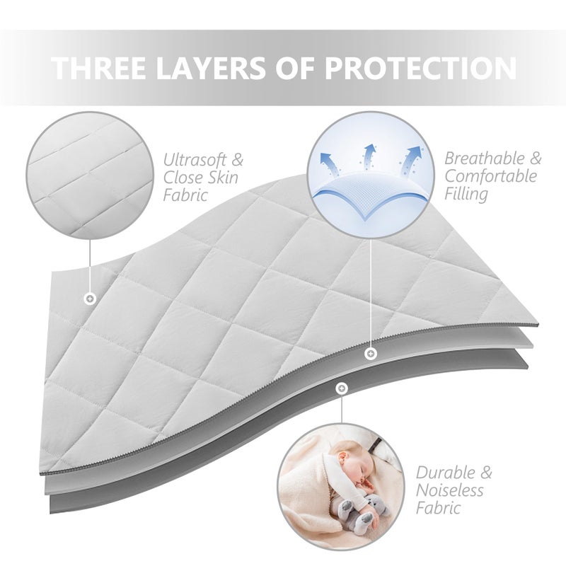 TILLYOU Pack and Play Sheets Pad - Waterproof Play Yard Playpen Sheets Pad, Soft Quilted Sheets with 1''-3'' Deep Pocket, Breathable and Fluffy, 39"x27",Light Grey - Image 4