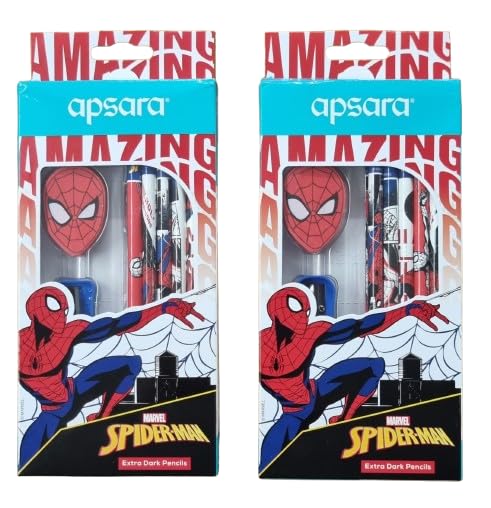 Apsara Spiderman Graphite Wooden Pencils| Extra Dark 2B Lead| Includes 20 Pencils, Spiderman Face Eraser, Long Point Sharpener, 1 Pencil Topper| Comfortable Grip For Smooth, Long & Good Hand Writing - Image 1