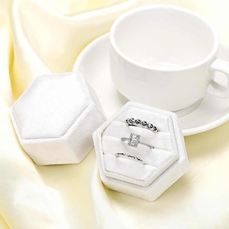 WantGor Velvet Jewelry Ring Box, 3 Slots Hexagon Ring Gift Box Vintage Ring Display Holder Case for Wedding Ceremony Proposal Engagement (White) - Image 4