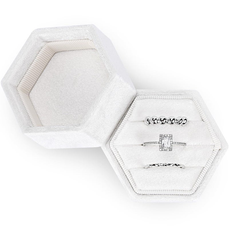WantGor Velvet Jewelry Ring Box, 3 Slots Hexagon Ring Gift Box Vintage Ring Display Holder Case for Wedding Ceremony Proposal Engagement (White) - Image 1