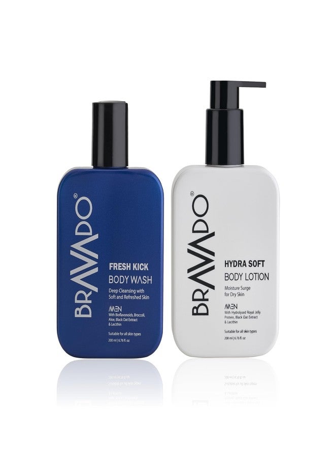 برافادو غسول الجسم BRAVADO Fresh Kick ولوشن الجسم Hydra Soft للرجال | عبوة ثنائية، 400 مل | غسول جسم منظف بعمق + لوشن مرطب مع عامل حماية من الشمس | مجموعة العناية اليومية المنعشة - Image 1